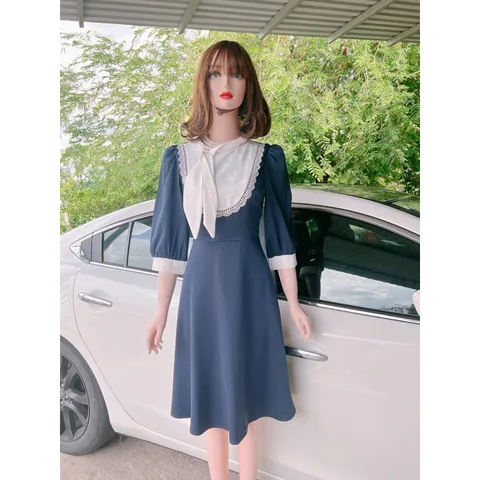 Đầm xoè màu xanh than phối cổ trắng Hàng chính phẩm DVC Đủ size SML Giá 350k, người ta đang bán gần 9xx Hàng có sẵn giao