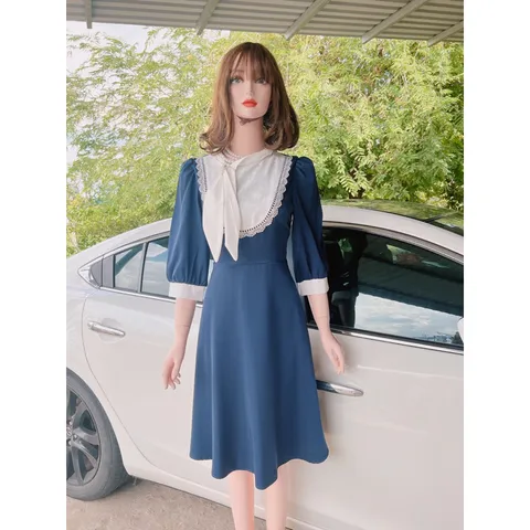 Đầm xoè màu xanh than phối cổ trắng Hàng chính phẩm DVC Đủ size SML Giá 350k, người ta đang bán gần 9xx Hàng có sẵn giao
