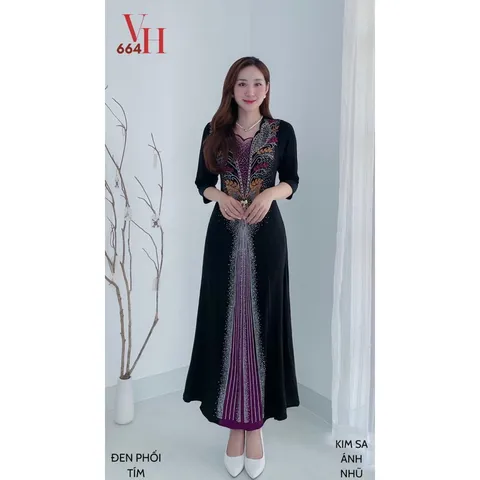 Đầm dạ hội trung niên đi tiệc thun nhũ mịn ép đá bigsize 80kg, Đầm dạ hội trung niên nhũ kim tuyến ép đá size lớn 80kg