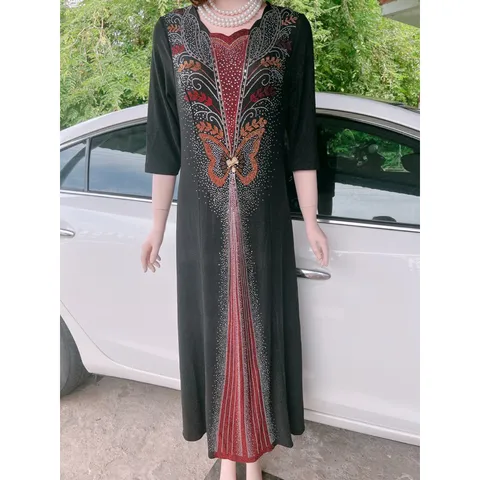 Đầm dạ hội trung niên đi tiệc thun nhũ mịn ép đá bigsize 80kg, Đầm dạ hội trung niên nhũ kim tuyến ép đá size lớn 80kg