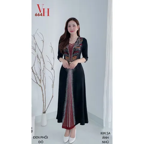 Đầm dạ hội trung niên đi tiệc thun nhũ mịn ép đá bigsize 80kg, Đầm dạ hội trung niên nhũ kim tuyến ép đá size lớn 80kg