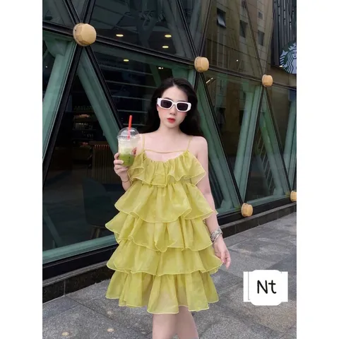 Đầm hai dây phối tầng mùa hè mát mẻ năng động siêu đẹp Giá 290k Hàng có sẵn giao ngay M Màu xanh cốm nhạt Chất liệu tơ