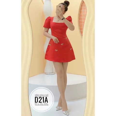 Đầm Bigsize taffa đính nơ hạt đá rời, Đầm cổ vuông đính nơ Giá 290k Hàng có sẵn giao ngay  Eo dưới 102cm