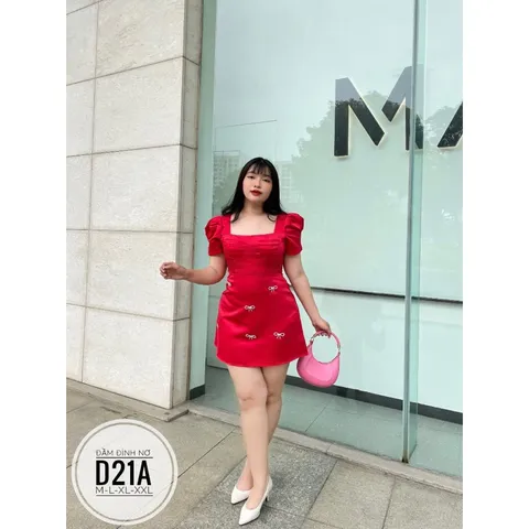 Đầm Bigsize taffa đính nơ hạt đá rời, Đầm cổ vuông đính nơ Giá 290k Hàng có sẵn giao ngay  Eo dưới 102cm