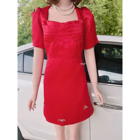 Đầm Bigsize taffa đính nơ hạt đá rời, Đầm cổ vuông đính nơ Giá 290k Hàng có sẵn giao ngay  Eo dưới 102cm