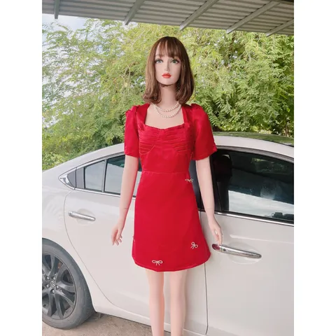 Đầm Bigsize taffa đính nơ hạt đá rời, Đầm cổ vuông đính nơ Giá 290k Hàng có sẵn giao ngay  Eo dưới 102cm