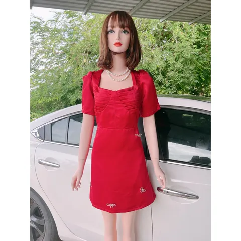 Đầm Bigsize taffa đính nơ hạt đá rời, Đầm cổ vuông đính nơ Giá 290k Hàng có sẵn giao ngay  Eo dưới 102cm
