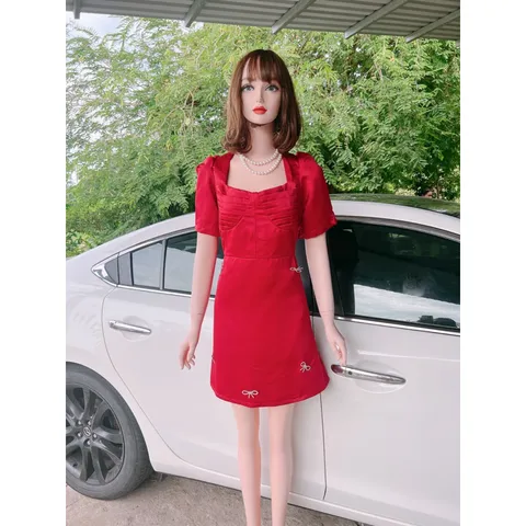 Đầm Bigsize taffa đính nơ hạt đá rời, Đầm cổ vuông đính nơ Giá 290k Hàng có sẵn giao ngay  Eo dưới 102cm