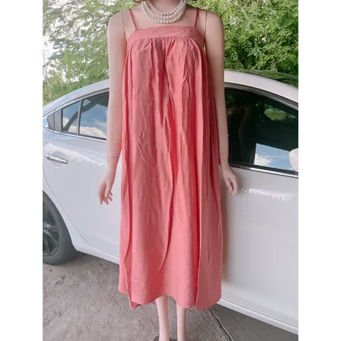 đầm 2 dây maxi đi biển chất thô đẹp Đầm maxi hai dây ôm ngực quyến rũ váy hai dây sang chảnh vải đũi mềm mát