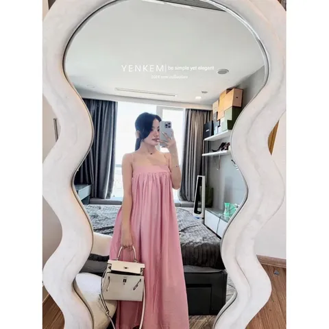 đầm 2 dây maxi đi biển chất thô đẹp Đầm maxi hai dây ôm ngực quyến rũ váy hai dây sang chảnh vải đũi mềm mát