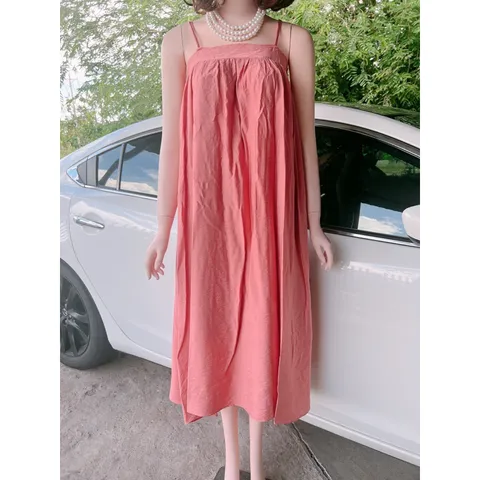 đầm 2 dây maxi đi biển chất thô đẹp Đầm maxi hai dây ôm ngực quyến rũ váy hai dây sang chảnh vải đũi mềm mát