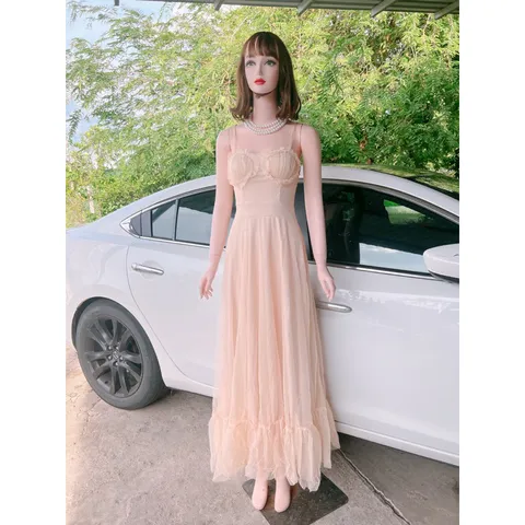 Đầm maxi 2 dây cách điệu phần ngực Màu nude Có sẵn mút ngực Giá 390k Hàng có sẵn giao ngay Dáng dài