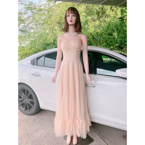 Đầm maxi 2 dây cách điệu phần ngực Màu nude Có sẵn mút ngực Giá 390k Hàng có sẵn giao ngay Dáng dài