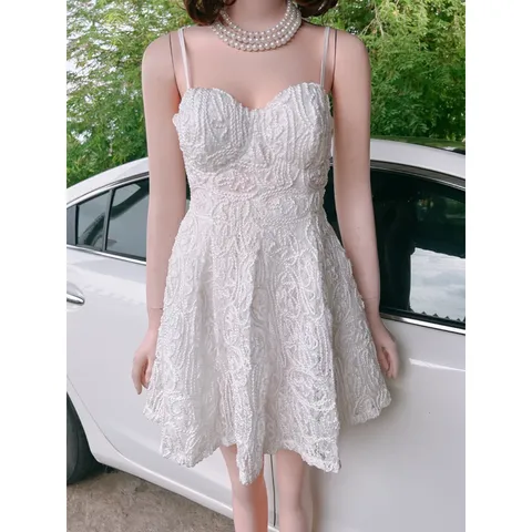 [Ảnh thật] Đầm xòe 2 dây cúp ngực chất ren nổi siêu xịn Màu trắng Giá 299k Hàng có sẵn giao ngay Chất liệu ren cao cấp