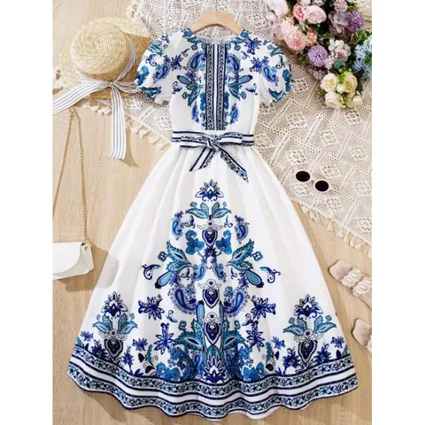 Váy xoè đai eo dáng maxi in hoạ tiết cao cấp Xinh sang xịn mịn giá 350k hàng có sẵn giao ngay đủ size