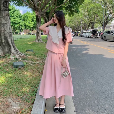 Bộ Nữ Vintage Váy Dài Phong Cách Pháp Cổ Chữ V Nữ Thanh Lịch Bộ Áo Cổ Chữ V Phối Bèo + Chân Váy Dài Phong Cách Pháp