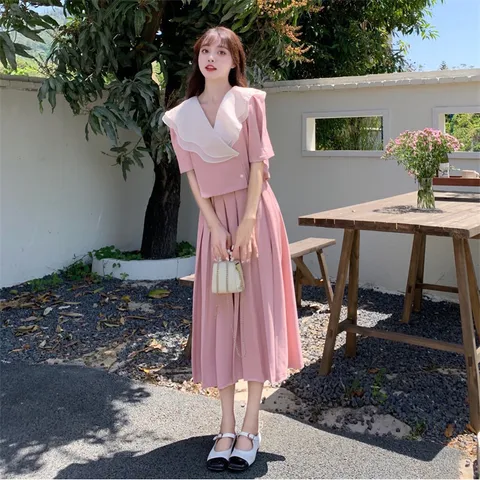 Bộ Nữ Vintage Váy Dài Phong Cách Pháp Cổ Chữ V Nữ Thanh Lịch Bộ Áo Cổ Chữ V Phối Bèo + Chân Váy Dài Phong Cách Pháp