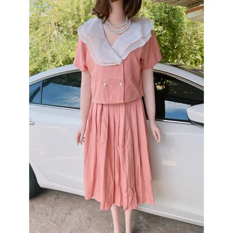 Bộ Nữ Vintage Váy Dài Phong Cách Pháp Cổ Chữ V Nữ Thanh Lịch Bộ Áo Cổ Chữ V Phối Bèo + Chân Váy Dài Phong Cách Pháp