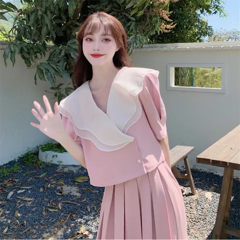 Bộ Nữ Vintage Váy Dài Phong Cách Pháp Cổ Chữ V Nữ Thanh Lịch Bộ Áo Cổ Chữ V Phối Bèo + Chân Váy Dài Phong Cách Pháp