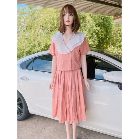 Bộ Nữ Vintage Váy Dài Phong Cách Pháp Cổ Chữ V Nữ Thanh Lịch Bộ Áo Cổ Chữ V Phối Bèo + Chân Váy Dài Phong Cách Pháp