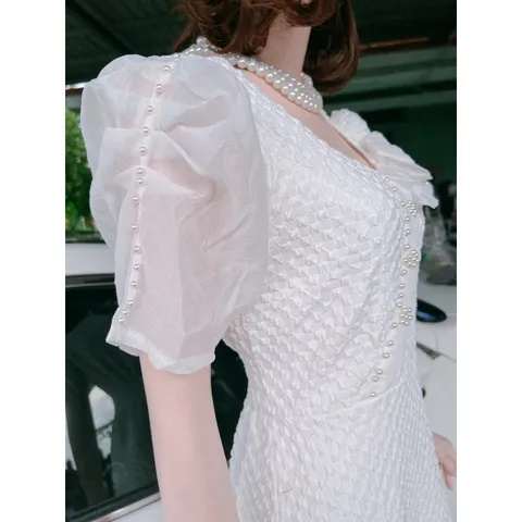 Váy xoè cổ nơ siêu xinh đính ngọc , chất tơ mềm mát nhẹ nhàng Giá 290k Hàng có sẵn giao ngay Chất liệu gấm xốp nổi