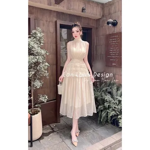 ĐẦM DỰ TIỆC, DU LỊCH SANG CHẢNH CỔ trụ HÀNG THIẾT KẾ CHẤT ĐẸP,nhún eo dấu bụng tôn ngực tôn mông voan màu kem Giá 350k
