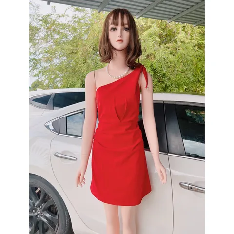 Đầm ngọc  một vai màu đỏ kiểu Pháp dành cho nữ Phong cách mới Gợi cảm ,ôm vừa vặn Váy hông kéo khoá
