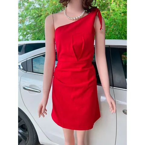 Đầm ngọc  một vai màu đỏ kiểu Pháp dành cho nữ Phong cách mới Gợi cảm ,ôm vừa vặn Váy hông kéo khoá
