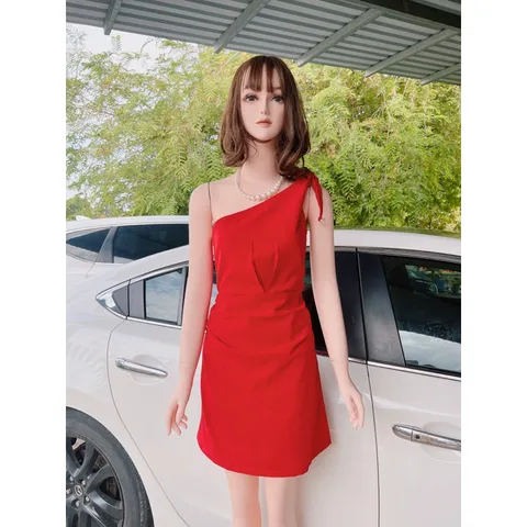 Đầm ngọc  một vai màu đỏ kiểu Pháp dành cho nữ Phong cách mới Gợi cảm ,ôm vừa vặn Váy hông kéo khoá