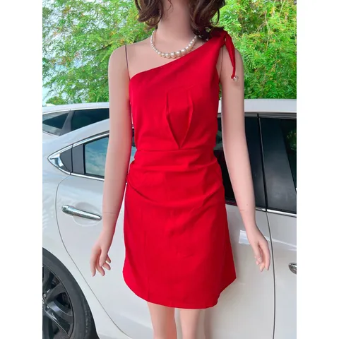 Đầm ngọc  một vai màu đỏ kiểu Pháp dành cho nữ Phong cách mới Gợi cảm ,ôm vừa vặn Váy hông kéo khoá