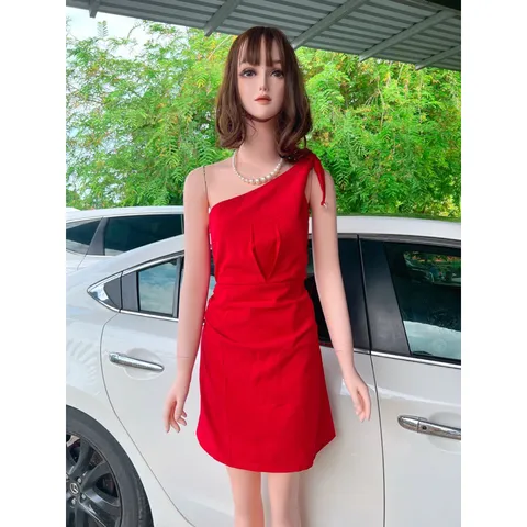 Đầm ngọc  một vai màu đỏ kiểu Pháp dành cho nữ Phong cách mới Gợi cảm ,ôm vừa vặn Váy hông kéo khoá