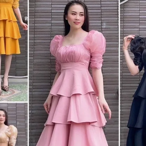 Đầm  Tay Phồng Thiết Kế Xếp Tầng Nữ Tính Sang Chảnh Giá 290k Hàng có sẵn giao ngay Phía sau có bo chun co giãn dễ chịu