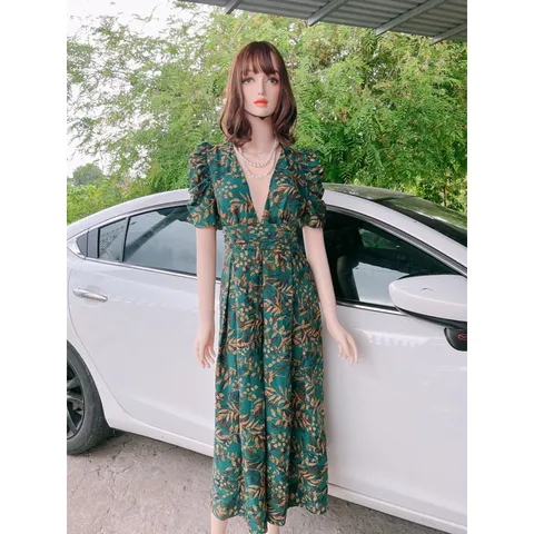 Đầm hoa hoạ tiết lá Giá 290k Hàng có sẵn giao ngay Phía sau lưng co giãn dễ chịu Chất liệu lụa mango  cao cấp