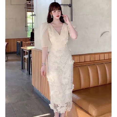 Đầm  ren hoa siêu xinh hoa đính kết sang trọng cao cấp  màu Trắng siêu đẹp Hang có sẵn giao ngay L Giá 390k