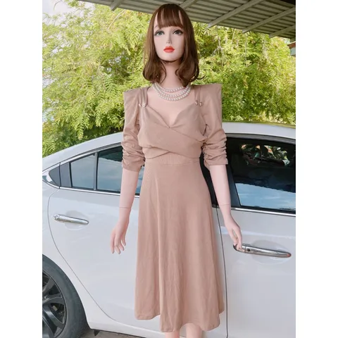 đầm xéo tay nhún bigsize 55-90kg Giá 290k Hàng có sẵn giao ngay Chất co gian dễ chịu Màu nude Dưới 70kg mặc đẹp