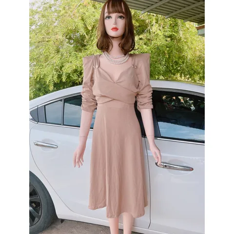 đầm xéo tay nhún bigsize 55-90kg Giá 290k Hàng có sẵn giao ngay Chất co gian dễ chịu Màu nude Dưới 70kg mặc đẹp