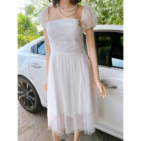 Đâm trắng dáng dài tiểu thư , đầm trắng cổ vuông nữ tính tay lưới ren Giá 299k Hàng có sẵn giao ngay Màu trắng