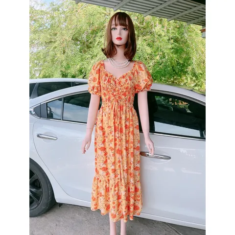 Đầm hoa vàng cam , hàng thiết kế 2 lớp dáng dài Váy thiết kế có tính ứng dụng cao, mặc được nhiều dịp, thích hợp mặc đi