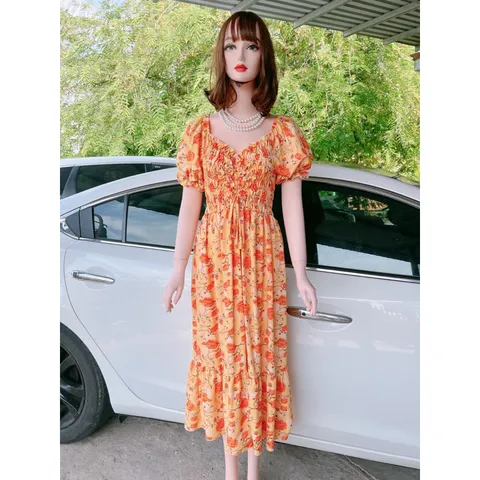 Đầm hoa vàng cam , hàng thiết kế 2 lớp dáng dài Váy thiết kế có tính ứng dụng cao, mặc được nhiều dịp, thích hợp mặc đi