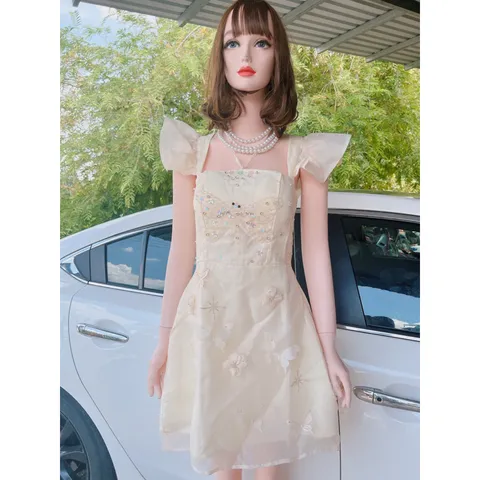 dam nữ dáng ngắn chất tapta thiết kế cổ vuông đính hạt sang chảnh đầm dự tiệc đi chơi sành điệu, có sẵn quần và mút