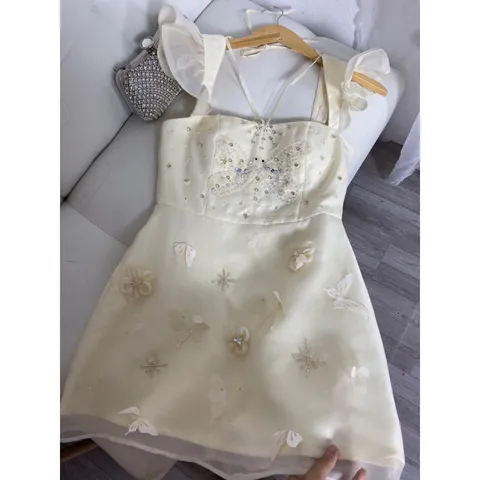 dam nữ dáng ngắn chất tapta thiết kế cổ vuông đính hạt sang chảnh đầm dự tiệc đi chơi sành điệu, có sẵn quần và mút