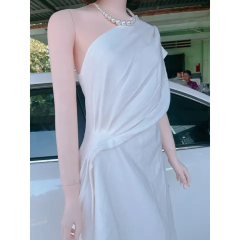 Váy trắng lệch vai dự tiệc tiểu thư dáng dài sang trọng-hàng cao cấp-đầm maxi trắng dự tiệc thanh lịch tôn dáng Màu trắn