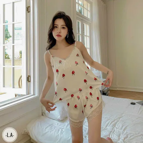 Bộ ngủ 2 dây lụa phối ren cách điệu chất mềm mịn thoáng mát mặc nhà hàng xuất Cao Cấp Giá 190k Hàng có sẵn gia