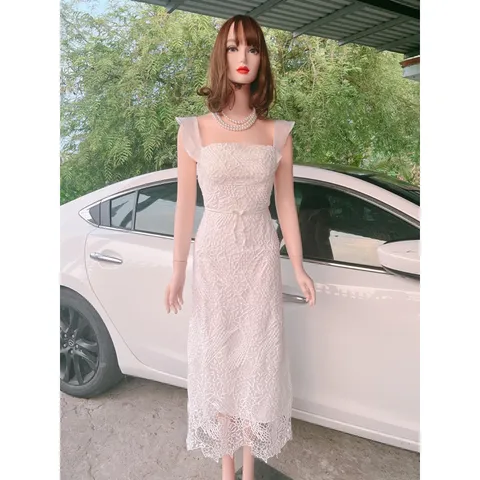 Đầm Dự Tiệc Hai Dây Dáng Ôm Bút Chì Midi Dài, Tay cánh tiên  Phối Nơ Ren nổi cao cấp, sang trọng Màu trắng Giá 420k