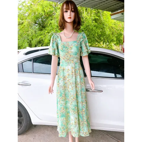 Đầm hoa tay cánh tien che tay , dáng dài Giá có sẵn giao ngay Dây kéo phía sau Chất liệu lụa mango cao cấp, có 2 túi