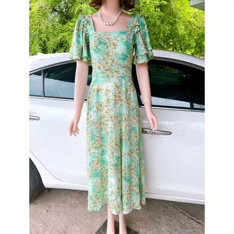 Đầm hoa tay cánh tien che tay , dáng dài Giá có sẵn giao ngay Dây kéo phía sau Chất liệu lụa mango cao cấp, có 2 túi