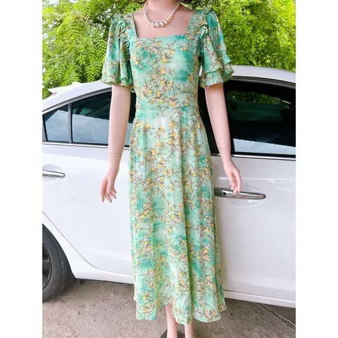 Đầm hoa tay cánh tien che tay , dáng dài Giá có sẵn giao ngay Dây kéo phía sau Chất liệu lụa mango cao cấp, có 2 túi