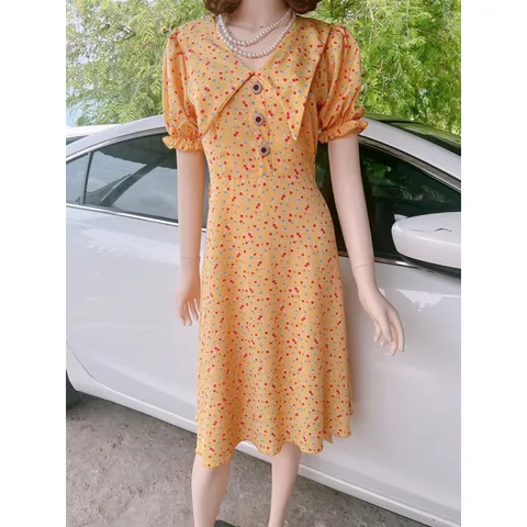 [Hàng có sẵn/Ảnh thật]Đầm hoa nhí  họa tiết form lớn dành cho nữ mùa hè,  cổ chữ V cách điệu Giá 290k Hàng có sẵn giao