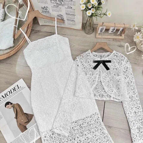Set đầm body ren 2 dây kèm áo khoác ren lửng dài tay Màu trắng Hàng có sẵn giao ngay L Chất liệu ren cao cấp Hàng chính