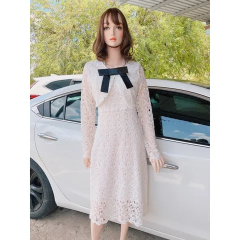 Set đầm body ren 2 dây kèm áo khoác ren lửng dài tay Màu trắng Hàng có sẵn giao ngay L Chất liệu ren cao cấp Hàng chính